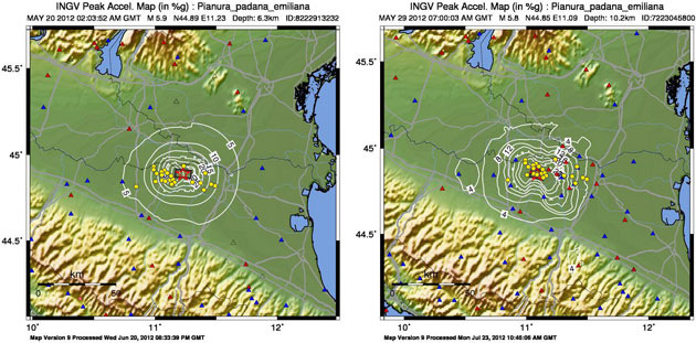 Fig. 7 - Localizzazione delle ricognizioni, relativamente alle mappe di scuotimento del terremoto del 20 Maggio 2012 (a sinistra) e del 29 Maggio 2012 (a destra), elaborate da INGV.