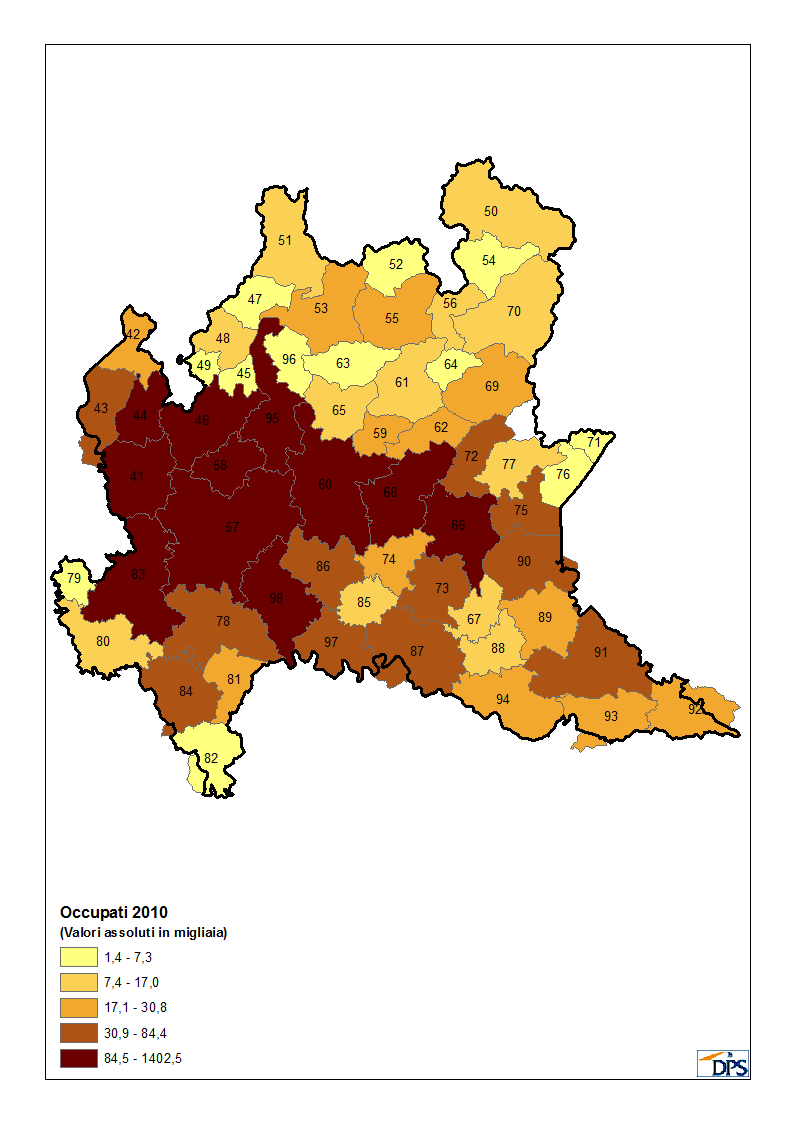 Gli occupati nei sistemi locali del lavoro (SLL) erano maggiormente presenti nel 2010 nelle aree di Milano e in quelle a