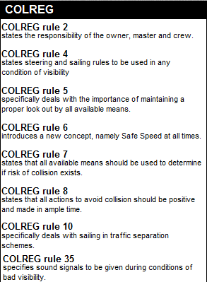 COLREG REGOLA 2 Codifica le responsabilità dell armatore, del comandante e dell equipaggio COLREG REGOLA 4 Codifica le regole per governare e navigare con ogni condizione di visibilità COLREG REGOLA