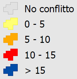 Figura 1 Esempio di mappa di conflitto per l indicatore L night (coincidente con l indicatore L Aeq,notturno della legislazione italiana a meno della correzione per il suono riflesso dalla facciata