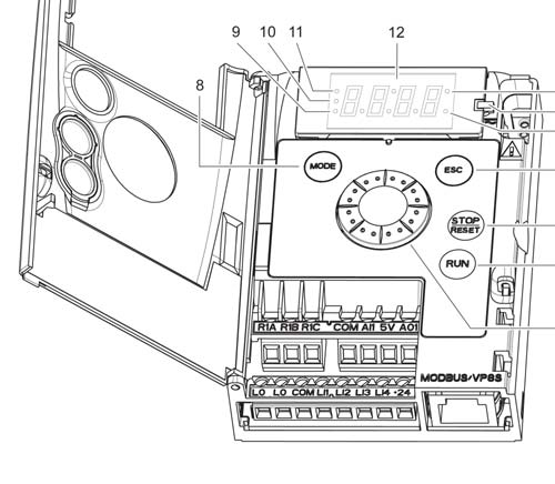 Programmazione Descrizione HMI Funzioni sul display e dei tasti 1 2 3 4 5 6 7 1. Valore LED (a) (b). 2. LED di carica 3. LED unità (c) 4.