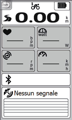 Pagina informazioni La pagina delle informazioni visualizza lo stato del contachilometri della bicicletta, dei sensori ANT+, del segnale GPS e della connessione Bluetooth.