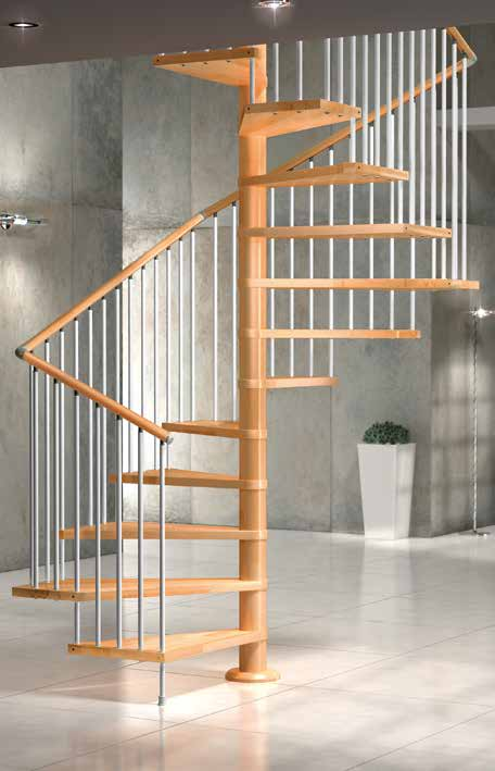 VIP Q Scale a chiocciola Spiral staircases Scala in legno tinta naturale 253, corrimano effetto legno, colonne grigio 97 RG.
