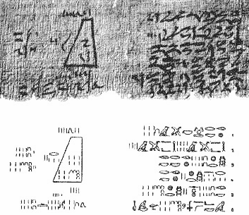 Il problema 4 del papiro di Mosca (50 a. C.) Calcolo del volume di un tronco di piramide V a h = ( a ab b ) 3 = 4, b =, h = 6. Metodo di calcolo di un tronco di piramide.
