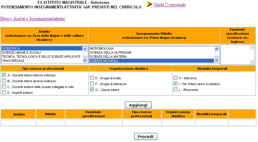 EX ISTITUTO MAGISTRALE - AUTONOMO Potrebbe essere composta al massimo da quattro schede: Nuovi Insegnamenti/Attività, Nuove Insegnamenti/Attività ragioni e valutazione, Potenziamento, Potenziamento