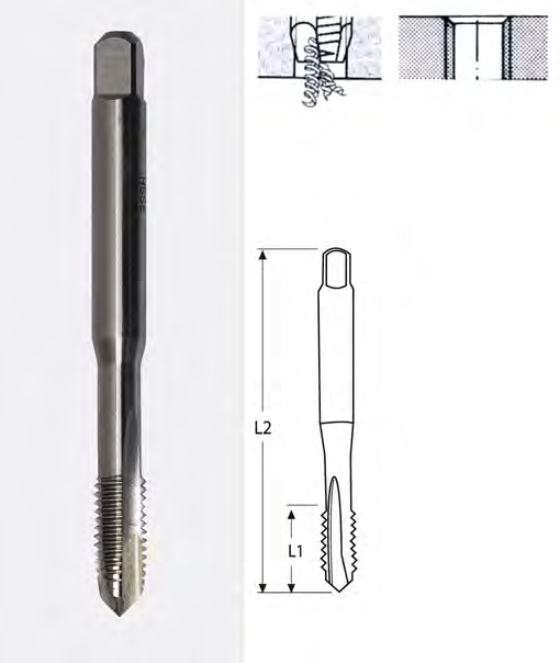 Maschi a macchina hss-co per inox-fori passanti Frese, maschi, filiere e svasatori Maschi a macchina in HSS-CO per effettuare filettature passanti in singola passata su inox, acciai, ghisa, metalli