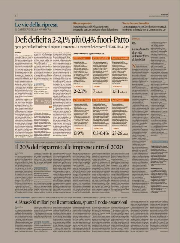 Pagina 2 Il Sole 24 Ore Def: deficit a 2 2,1% più 0,4% fuori Patto Spese per 7 miliardi in favore di migranti e terremoto La manovra farà crescere il Pil 2017 di 0,3 0,4% ROMA Da 0,3 a 0,4 punti di