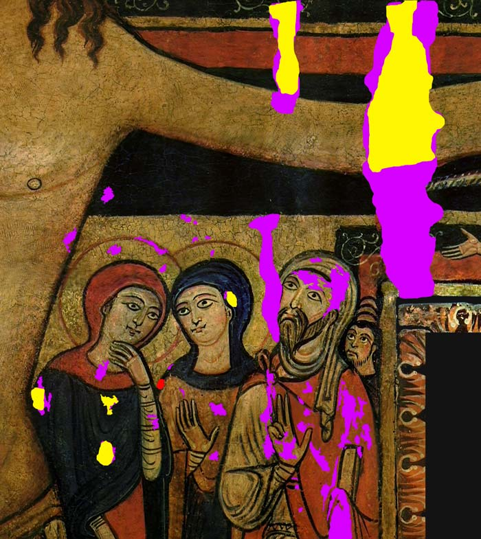Figura 4 - Crocifisso di San Damiano, immagini digitali ottenute con luce visibile, infrarossa e fluorescenza ad ultravioletti.