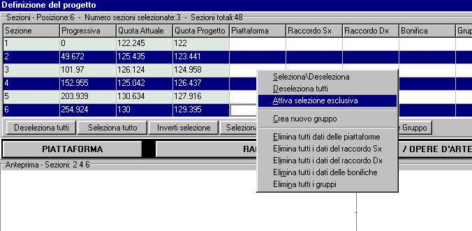 1) - cliccando due volte sulla riga di sezione attiviamo la selezione di quella specifica sezione. Se vogliamo pertanto selezionare le sezioni n.