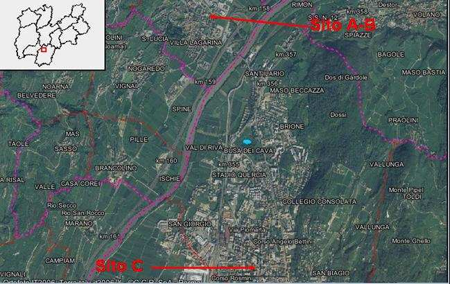 La distanza in linea d aria tra i rilevamenti effettuati nel Sito A e B e tra quelli rilevati nel Sito C è di circa 3,000 metri. Fig. 2.