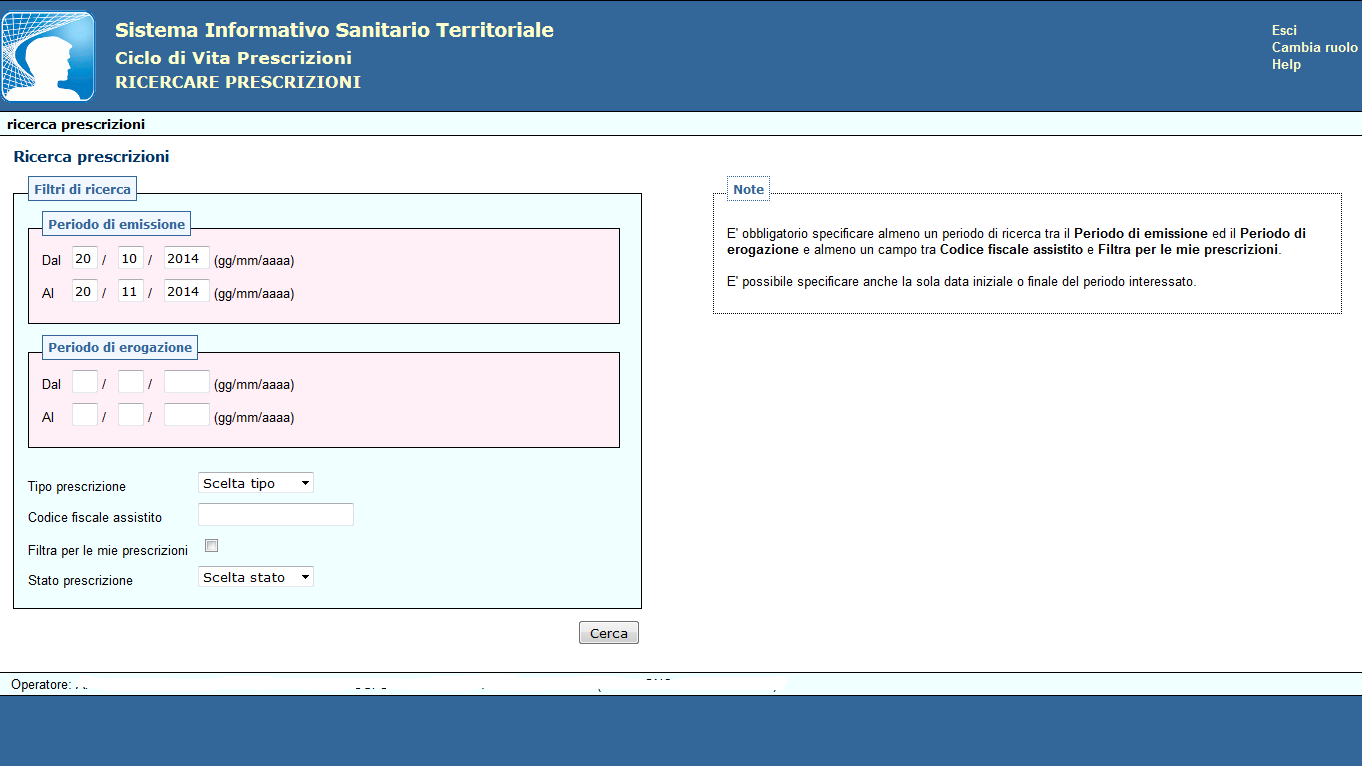 5.2.3 Ricercare Prescrizioni Questa funzionalità consente all utente di ricercare le prescrizioni registrate in archivio specificando diversi filtri di ricerca come indicato nella figura successiva.