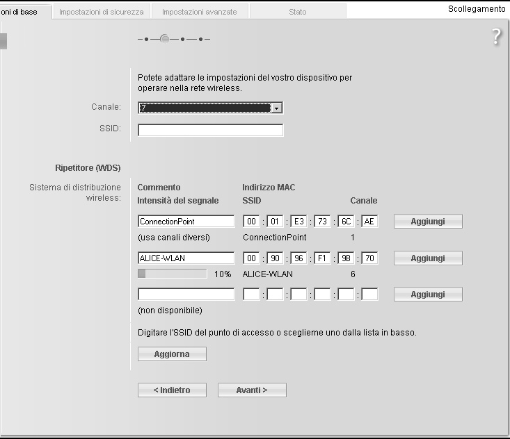 Impostazioni di base La figura presenta le possibilità di impostazione per la modalità operativa ripetitore, mentre in quella Access Point vengono visualizzati soltanto il Canale e l'ssid.