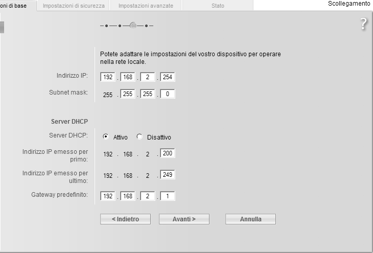 Impostazioni di base Impostazioni della rete locale Nel passo successivo si apre la pagina relativa alle impostazioni di base della rete locale.