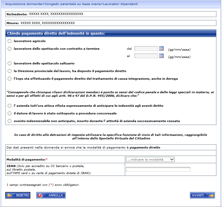 La pagina è visibile solo se il richiedente ha chiesto il pagamento diretto nella sezione precedente.