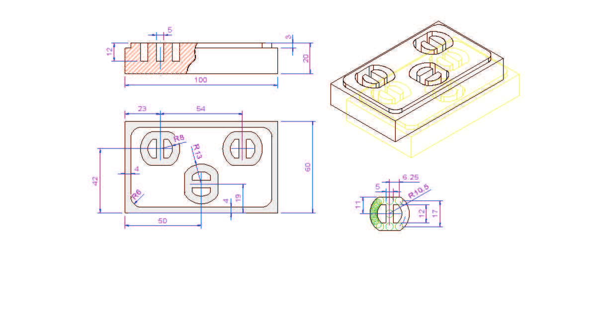 N05 G1 G91 Z-2 F30; N10 S1500 F90; N15 X0 Y8.5; N20 X-6.25 Y0; N25 G3 X0 Y-17 R10.5; N30 G1 X6.25 Y0; N35 X0 Y9; N40 X0 Y-9; N45 X6.25 Y0; N50 G3 X0 Y17 R10.5; N55 G1 X-6.25 Y0 N60 X0 Y-8.