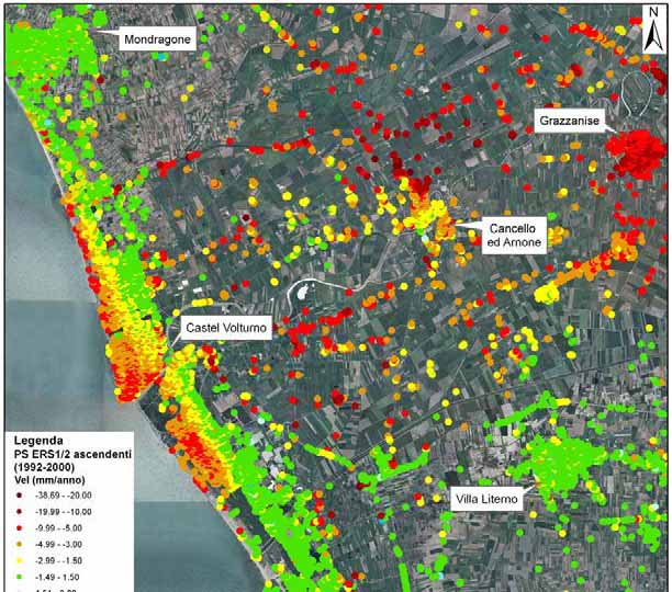 Monitoraggio di Movimenti di Massa Localizzati con Tecnica PSI Capitolo 3 Figura 19 Distribuzione dei PS ERS1/2 ascendenti nella piana del Volturno (CE).