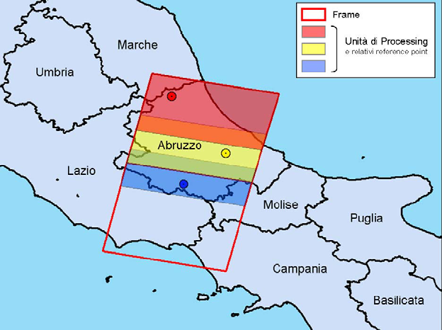 Utilizzo Dati PS nel Tempo Differito Capitolo 5 Figura 30 - Suddivisione delle frame ERS discendenti in unità di processing con indicazione dei rispettivi reference point scelti per l elaborazione