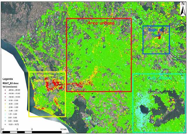 Utilizzo Dati PS nel Tempo Differito Capitolo 5 Figura 43 Individuazione su area vasta delle aree soggette a deformazione superficiale sulla base dei dati PS.