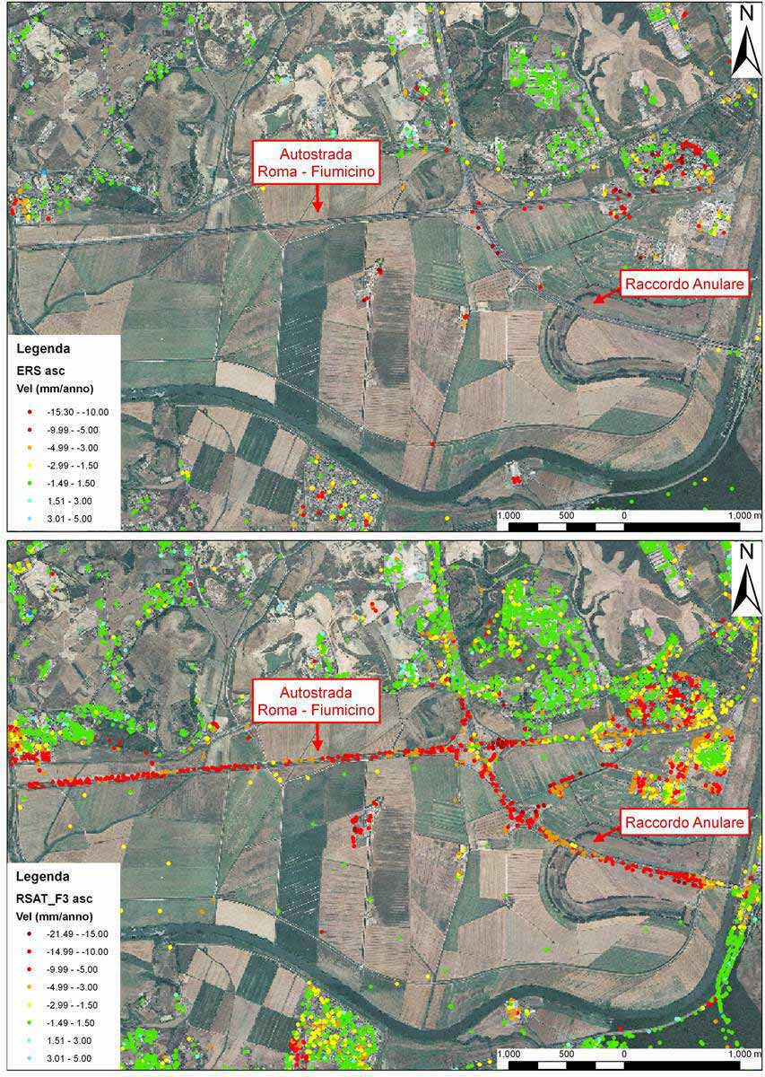 Utilizzo Dati PS nel Tempo Differito Capitolo 5 Figura 48: Distribuzione dei PS ERS1/2 e RADARSAT ascendenti su ortofoto del 2000.