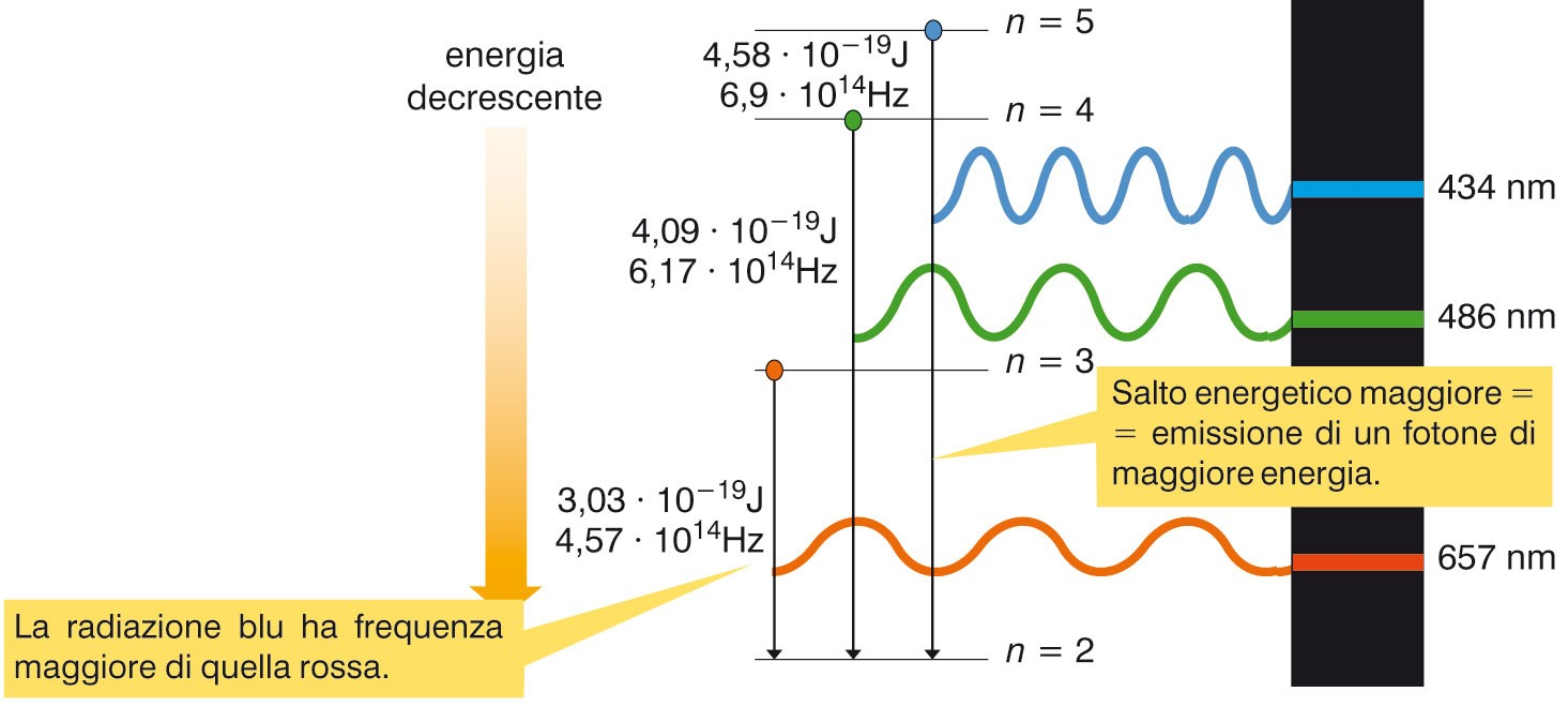 Ogni transizione dell elettrone da uno stato eccitato a un livello energetico inferiore è caratterizzata da una riga nello spettro di emissione: si registrano
