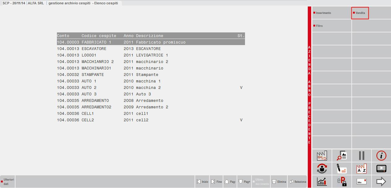 IMMISSIONE/REVISIONE CESPITI DELL ANNO Dal menù Contabilità Gestione cespiti/immobilizzazioni Immissione/revisione cespiti dell anno, utilizzare il pulsante Vendita : Si