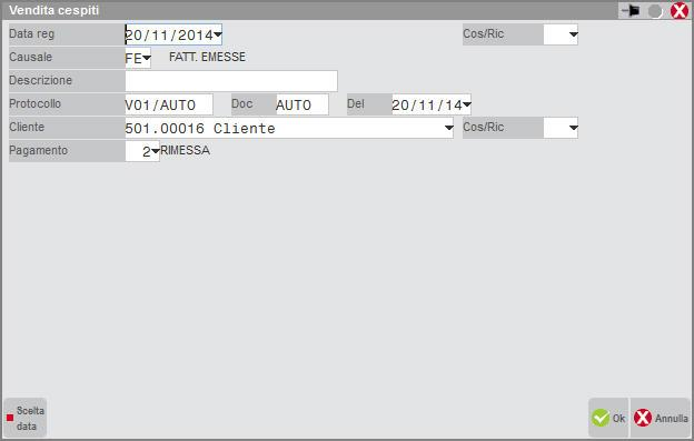 Confermata la videata, si accede alla maschera Dati vendita.