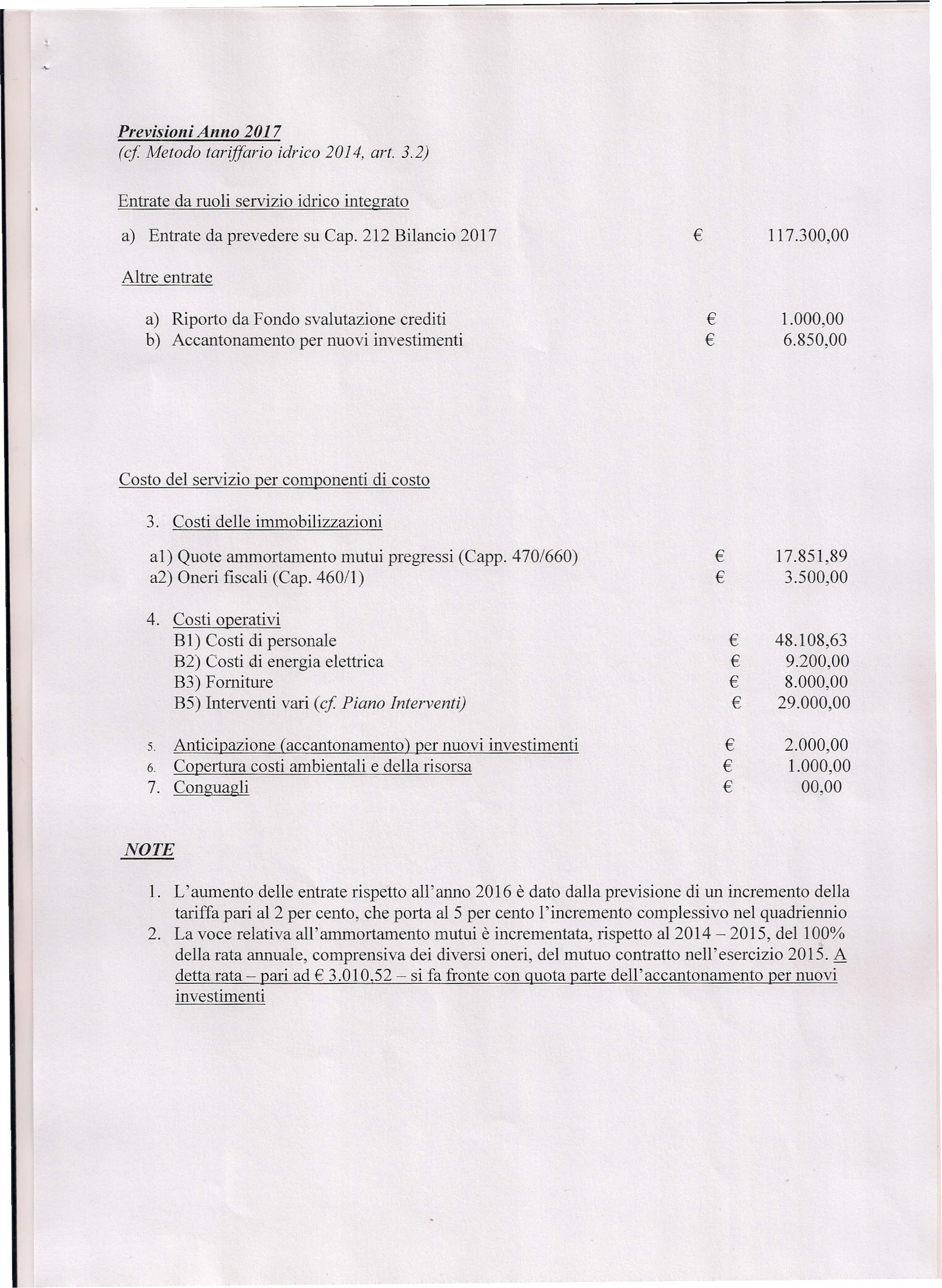 Previsioni Anno 2017 a) Entrate da prevedere su Cap. 212 Bilancio 2017 117.300,00 Altre entrate a) Riporto da Fondo svalutazione crediti b) Accantonamento per nuovi investimenti 1.000,00 6.850,00 3.
