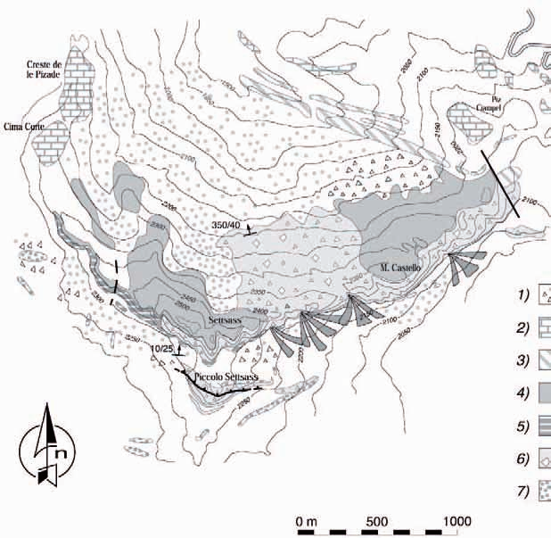 20 Gian Luigi Trombetta Fig. 9. Carta geologica del Settsass/Richthofen Riff interpretato come una omoclinale immergente verso N-N10 E, con una pendenza di circa 35-40.