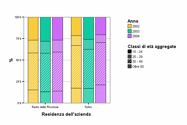 Per classi di età e area territoriale ( e resto della provincia) 2002 2003 2004 15-24 25-29 30-49 Oltre 50 % % % % 26,9% 14,9%