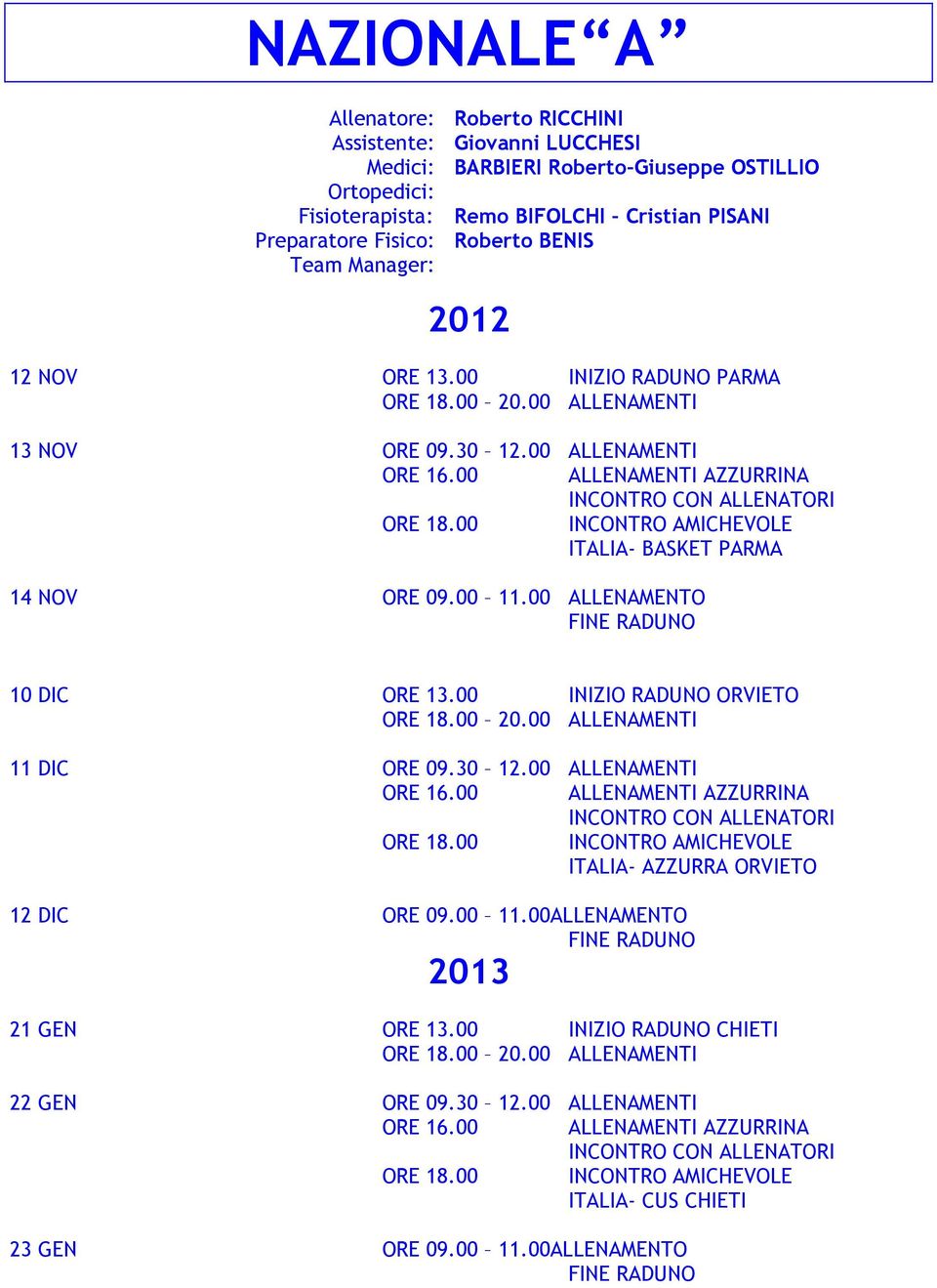 00 INCONTRO AMICHEVOLE ITALIA- BASKET PARMA 14 NOV ORE 09.00 11.00 ALLENAMENTO FINE RADUNO 10 DIC ORE 13.00 INIZIO RADUNO ORVIETO ORE 18.00 20.00 ALLENAMENTI 11 DIC ORE 09.30 12.00 ALLENAMENTI ORE 16.