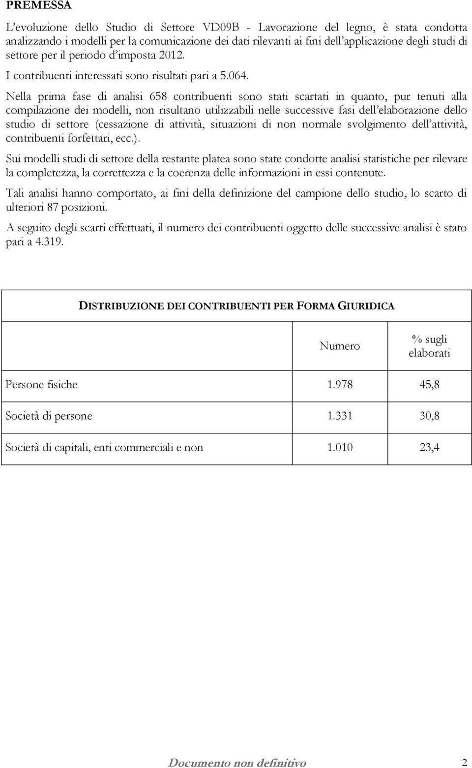 Nella prima fase di analisi 658 contribuenti sono stati scartati in quanto, pur tenuti alla compilazione dei modelli, non risultano utilizzabili nelle successive fasi dell elaborazione dello studio