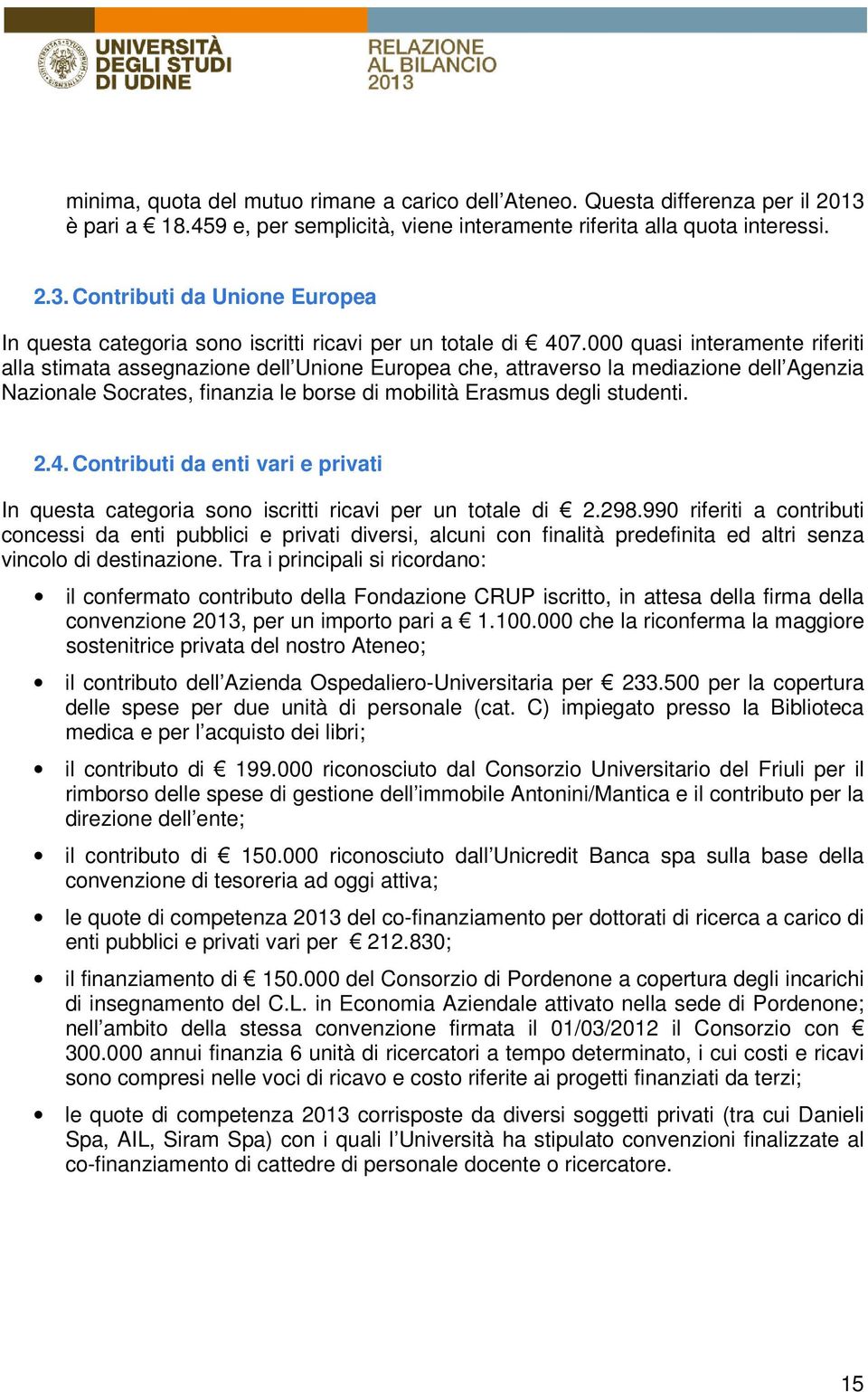 Contributi da enti vari e privati In questa categoria sono iscritti ricavi per un totale di 2.298.