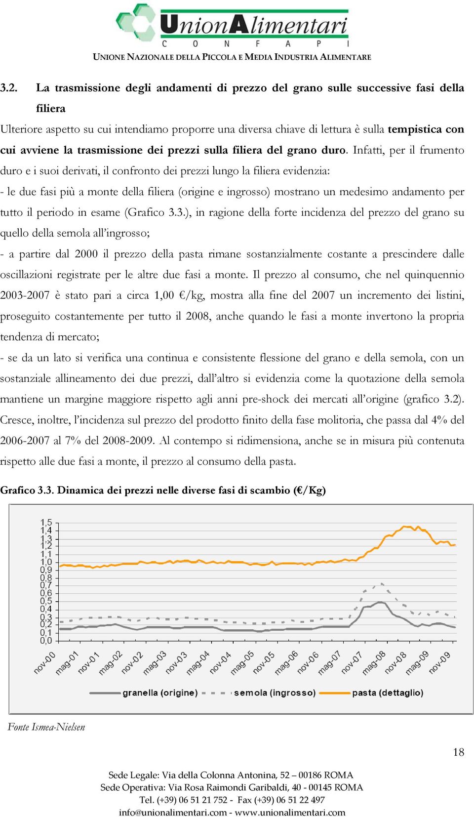 Infatti, per il frumento duro e i suoi derivati, il confronto dei prezzi lungo la filiera evidenzia: - le due fasi più a monte della filiera (origine e ingrosso) mostrano un medesimo andamento per