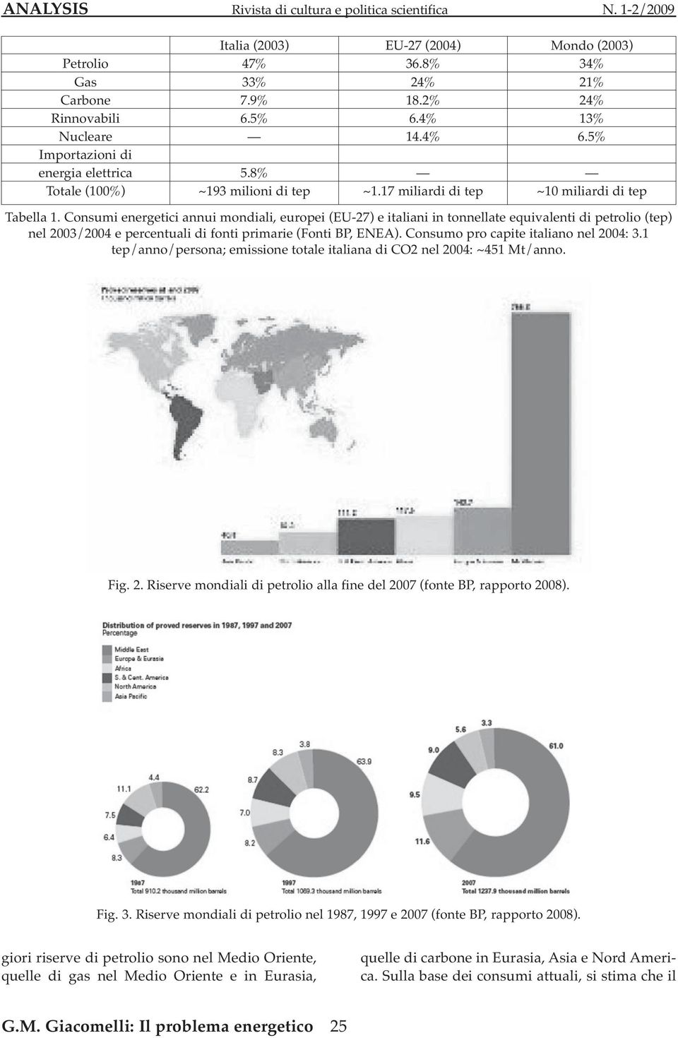 Consumi energetici annui mondiali, europei (EU-27) e italiani in tonnellate equivalenti di petrolio (tep) nel 2003/2004 e percentuali di fonti primarie (Fonti BP, ENEA).