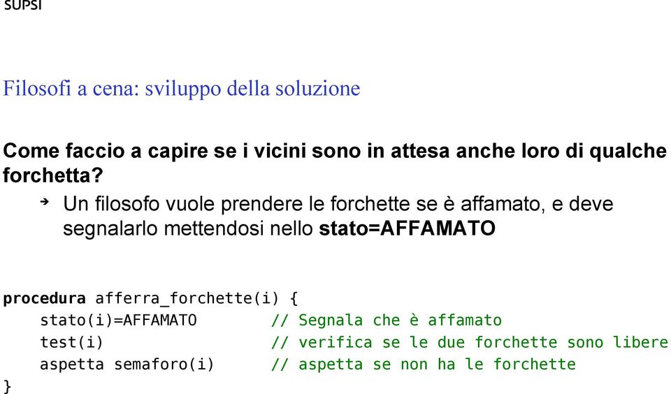 stato=affamato procedura afferra_forchette(i) { stato(i)=affamato // Segnala che è affamato