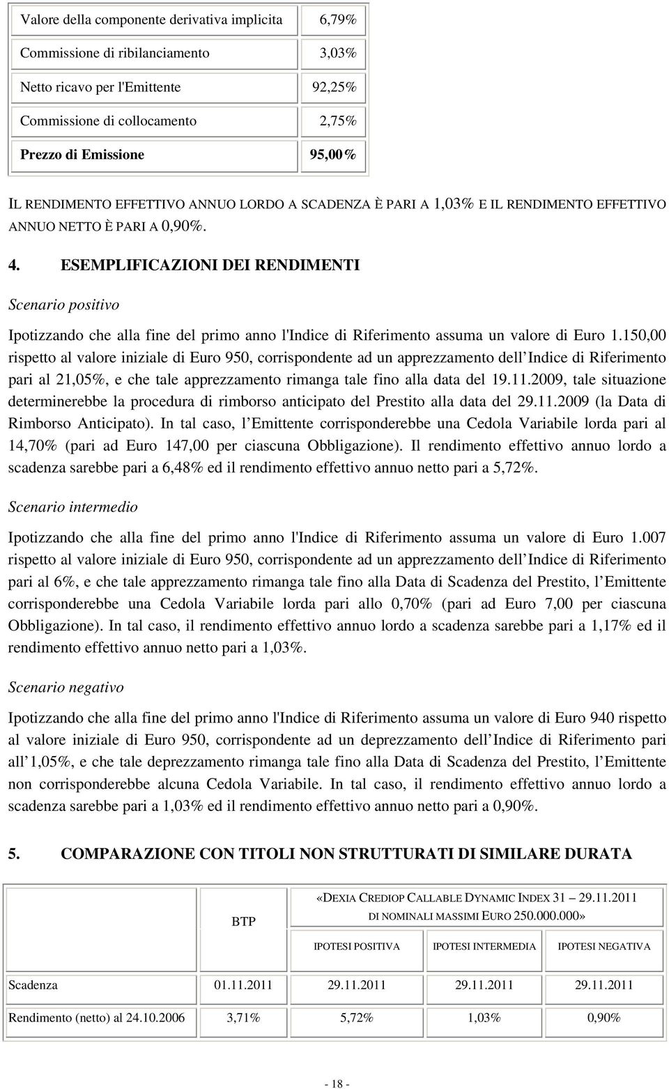 ESEMPLIFICAZIONI DEI RENDIMENTI Scenario posiivo Ipoizzando che alla fine del primo anno l'indice di Riferimeno assuma un valore di Euro 1.