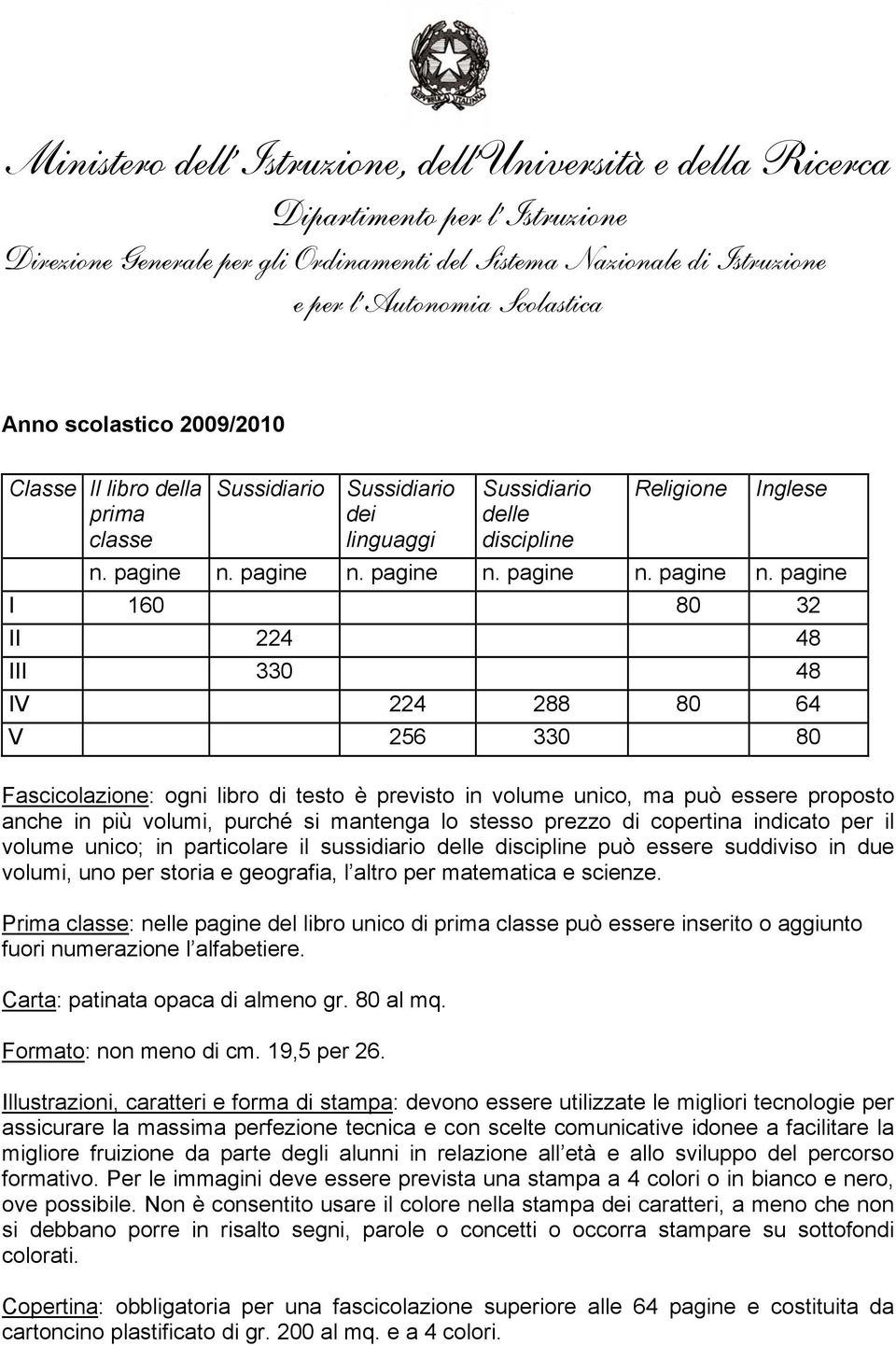 pagine I 160 80 32 II 224 48 III 330 48 IV 224 288 80 64 V 256 330 80 Fascicolazione: ogni libro di testo è previsto in volume unico, ma può essere proposto anche in più volumi, purché si mantenga lo