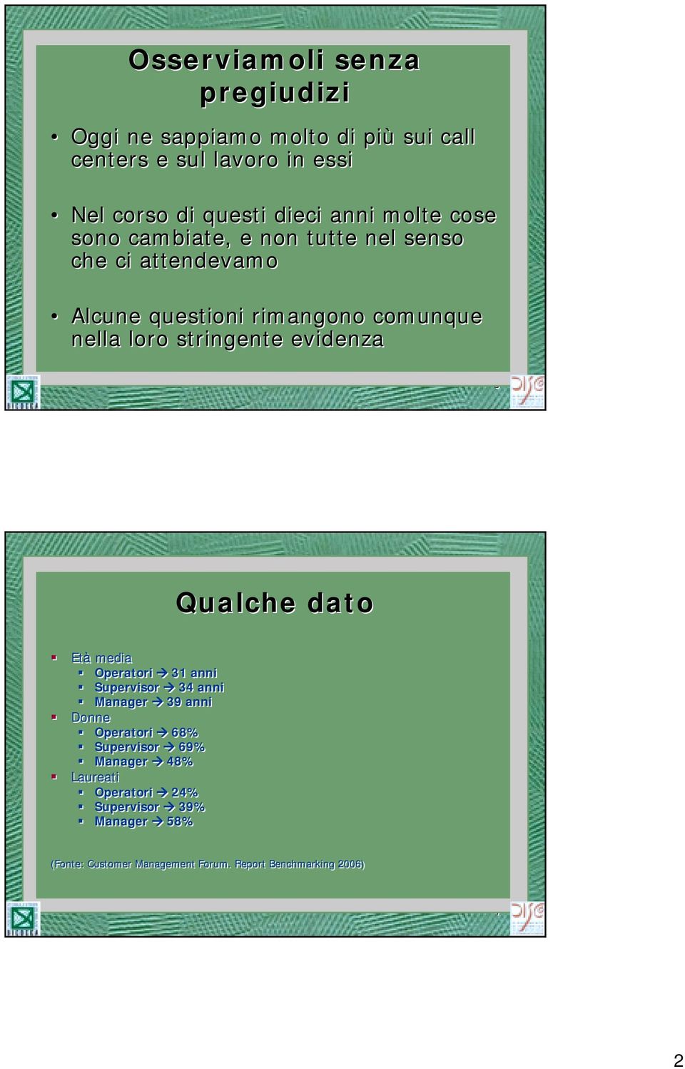 stringente evidenza 3 Qualche dato Età media Operatori 31 anni Supervisor 34 anni Manager 39 anni Donne Operatori 68%