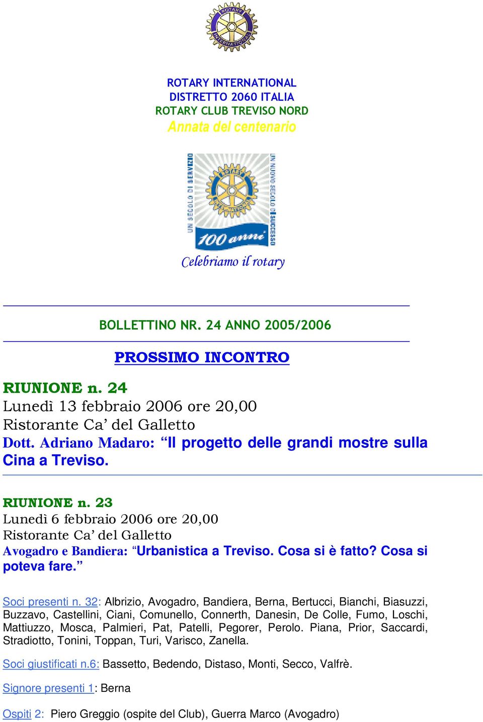 23 Lunedì 6 febbraio 2006 ore 20,00 Avogadro e Bandiera: Urbanistica a Treviso. Cosa si è fatto? Cosa si poteva fare. Soci presenti n.