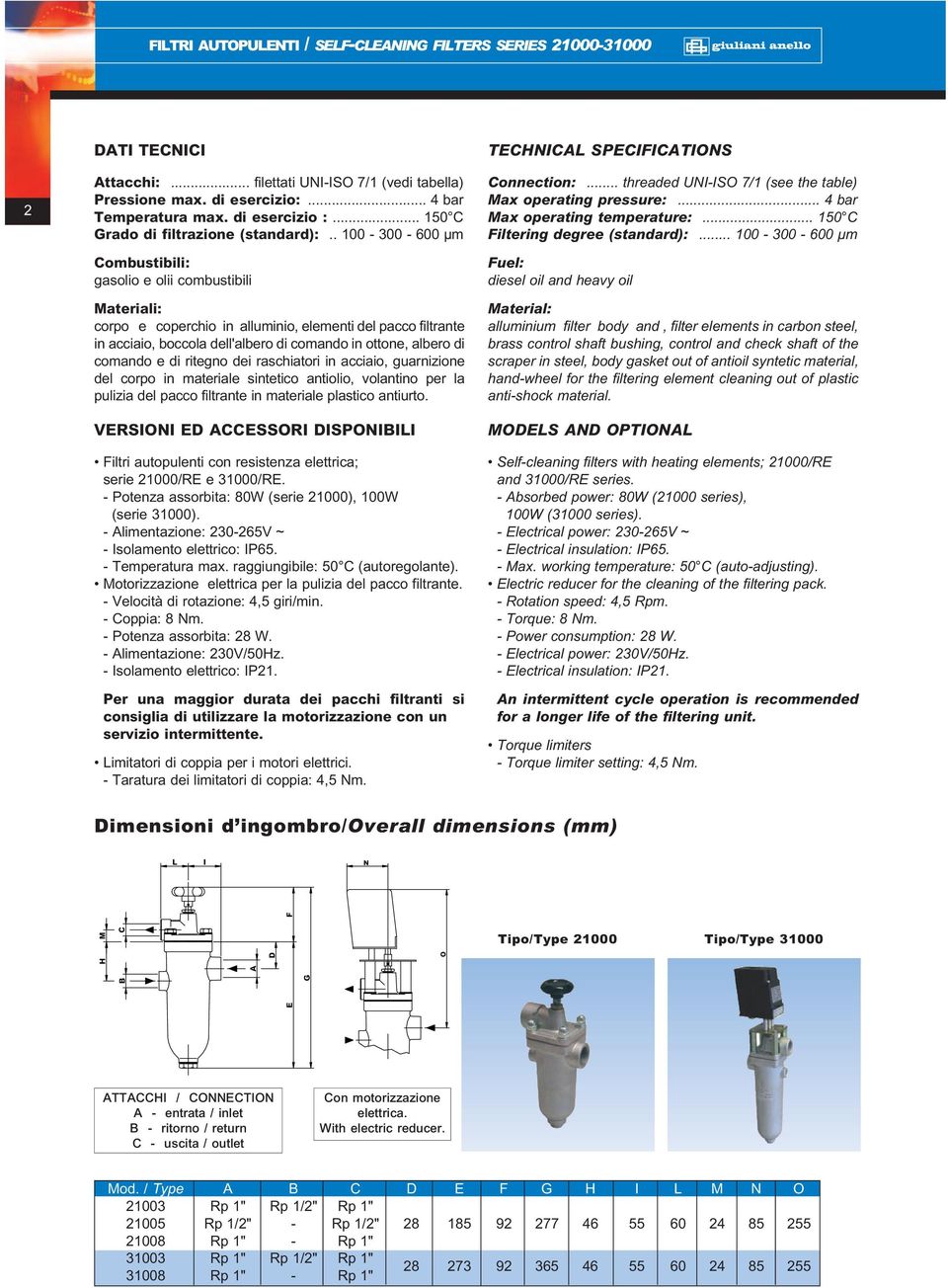 . 100-300 - 600 µm Combustibili: gasolio e olii combustibili Materiali: corpo e coperchio in alluminio, elementi del pacco filtrante in acciaio, boccola dell'albero di comando in ottone, albero di