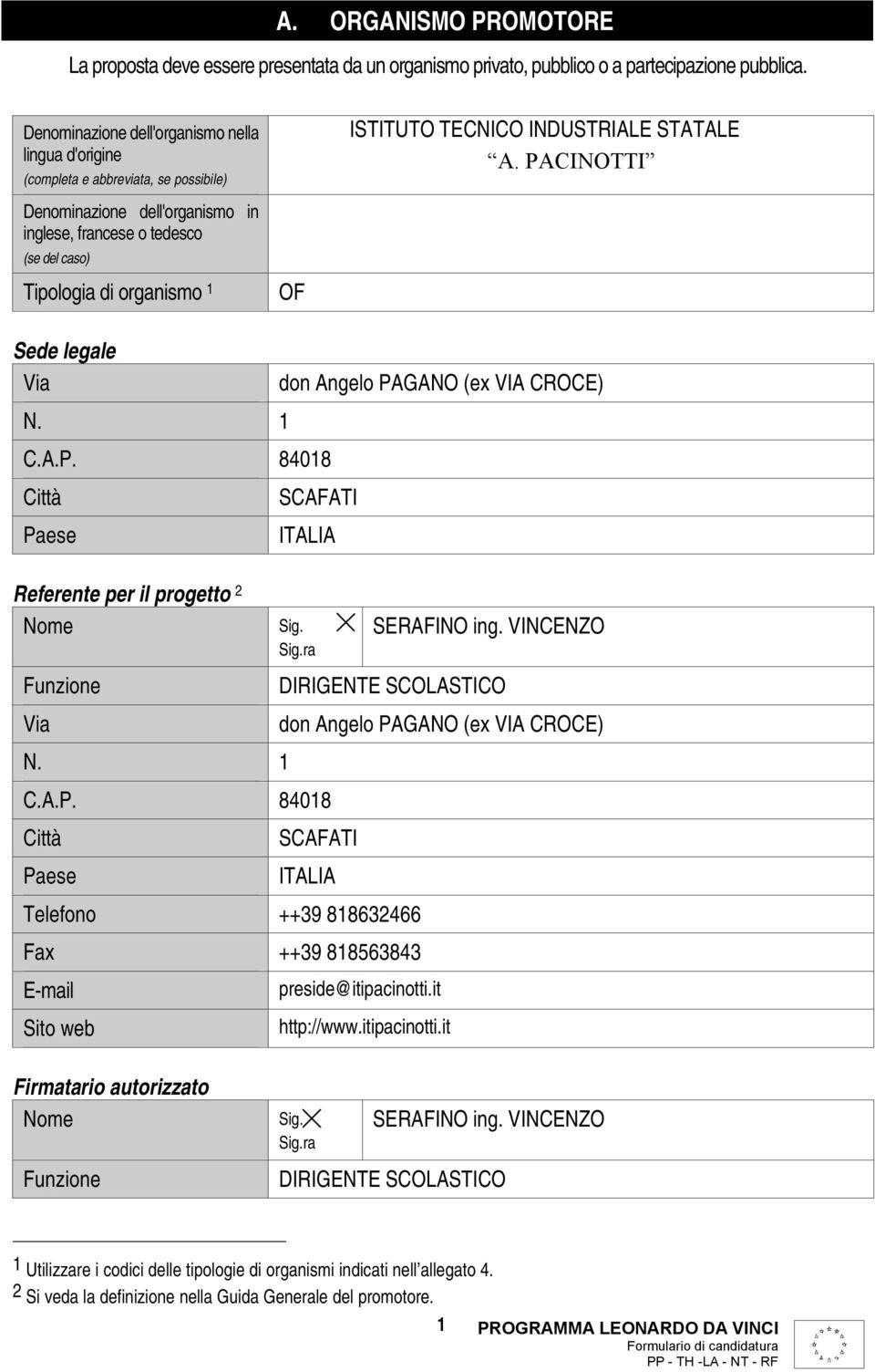 ISTITUTO TECNICO INDUSTRIALE STATALE A. PACINOTTI Sede legale Via N. 1 C.A.P. 84018 Città Paese don Angelo PAGANO (ex VIA CROCE) SCAFATI ITALIA Referente per il progetto 2 Nome Sig. Sig.ra Funzione Via N.