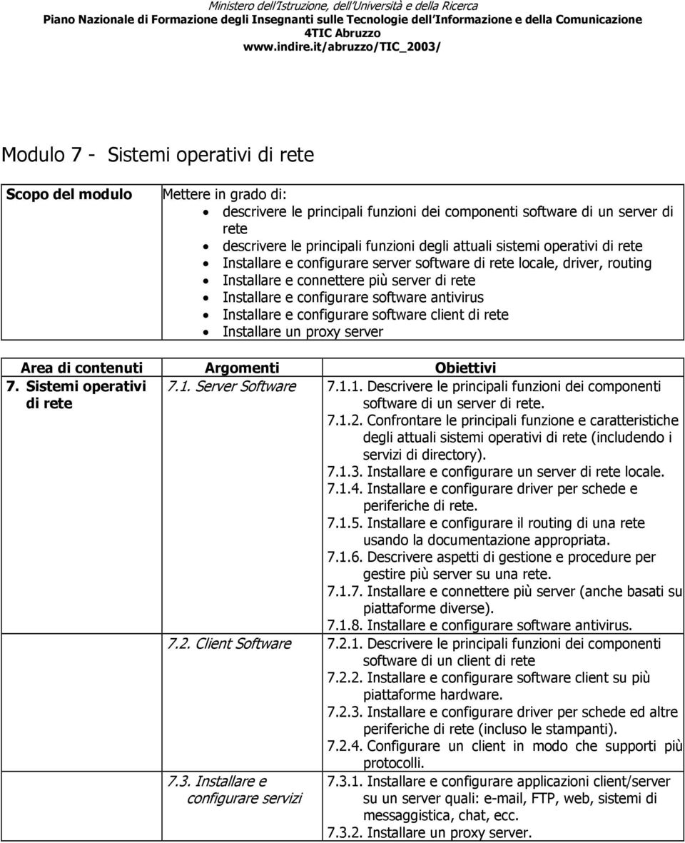 client di rete Installare un proxy server 7. Sistemi operativi di rete 7.1. Server Software 7.1.1. Descrivere le principali funzioni dei componenti software di un server di rete. 7.1.2.