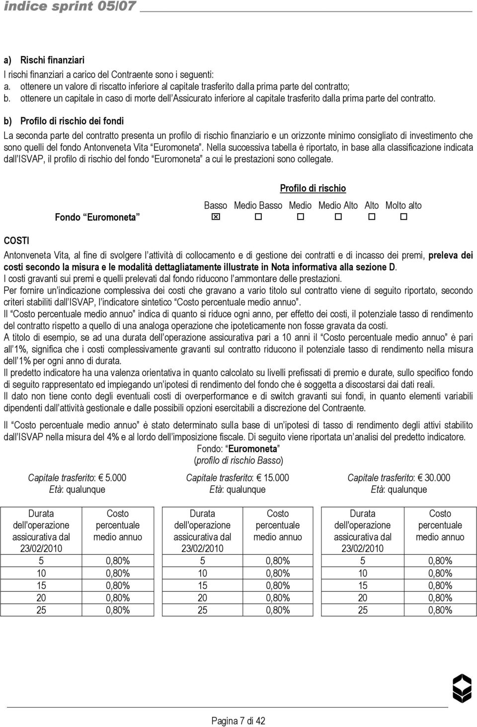 b) Profilo di rischio dei fondi La seconda parte del contratto presenta un profilo di rischio finanziario e un orizzonte minimo consigliato di investimento che sono quelli del fondo Antonveneta Vita