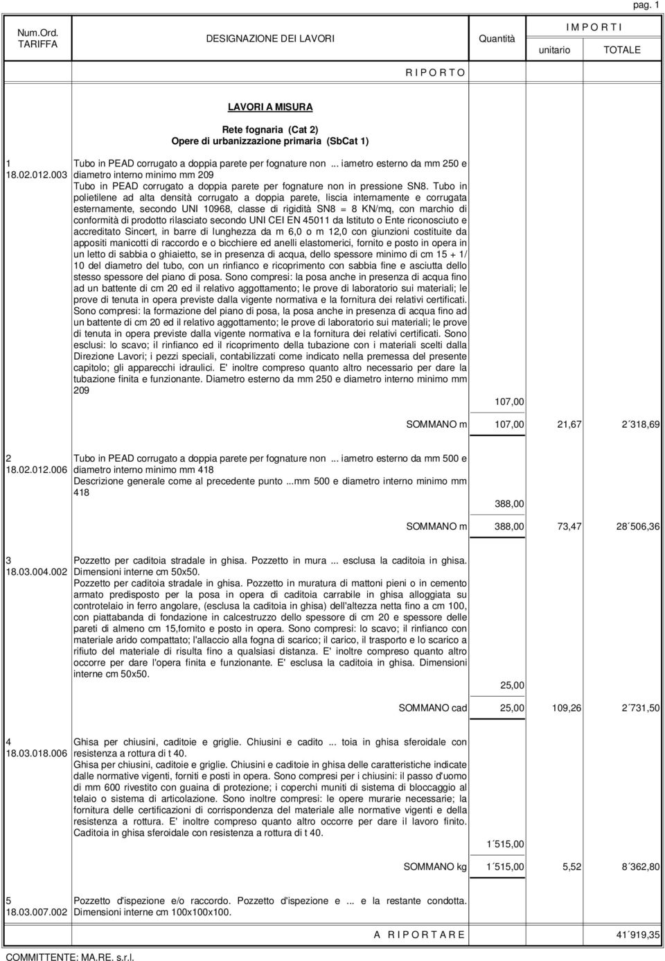 Tubo in polietilene ad alta densità corrugato a doppia parete, liscia internamente e corrugata esternamente, secondo UNI 10968, classe di rigidità SN8 = 8 KN/mq, con marchio di conformità di prodotto