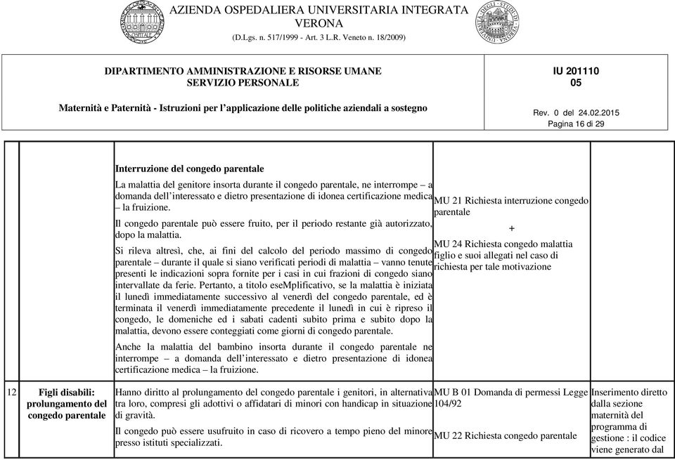 MU 24 Richiesta congedo malattia Si rileva altresì, che, ai fini del calcolo del periodo massimo di congedo figlio e suoi allegati nel caso di parentale durante il quale si siano verificati periodi