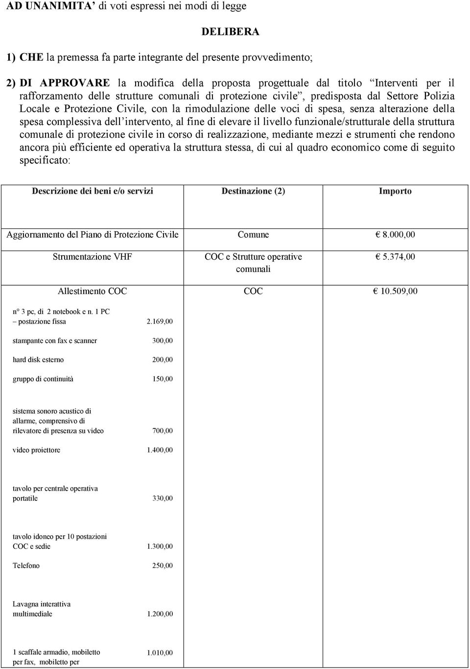 spesa complessiva dell intervento, al fine di elevare il livello funzionale/strutturale della struttura comunale di protezione civile in corso di realizzazione, mediante mezzi e strumenti che rendono