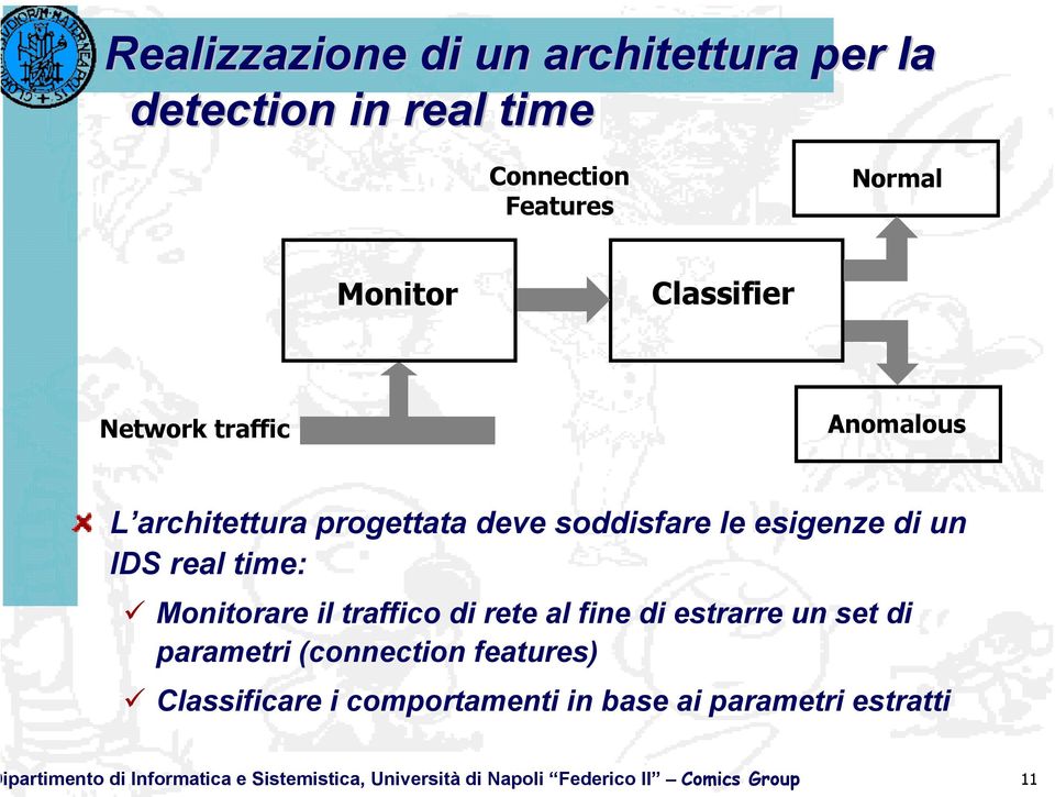 il traffico di rete al fine di estrarre un set di parametri (connection features) Classificare i comportamenti in