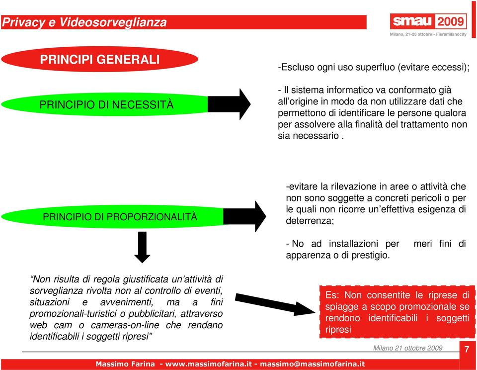 PRINCIPIO DI PROPORZIONALITÀ -evitare la rilevazione in aree o attività che non sono soggette a concreti pericoli o per le quali non ricorre un effettiva esigenza di deterrenza; - No ad installazioni