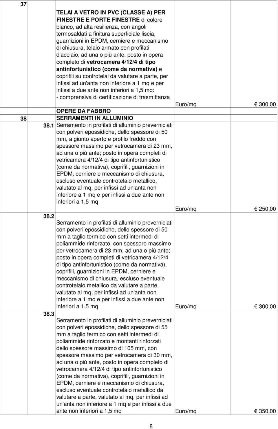 controtelai da valutare a parte, per infissi ad un'anta non inferiore a 1 mq e per infissi a due ante non inferiori a 1,5 mq: - comprensiva di certificazione di trasmittanza Euro/mq 300,00 OPERE DA