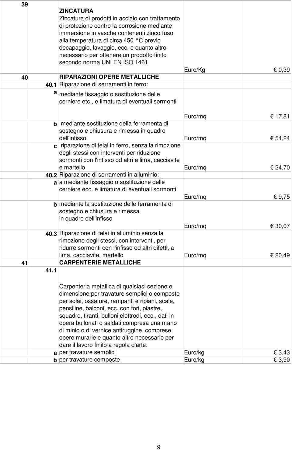 1 Riparazione di serramenti in ferro: a mediante fissaggio o sostituzione delle cerniere etc.